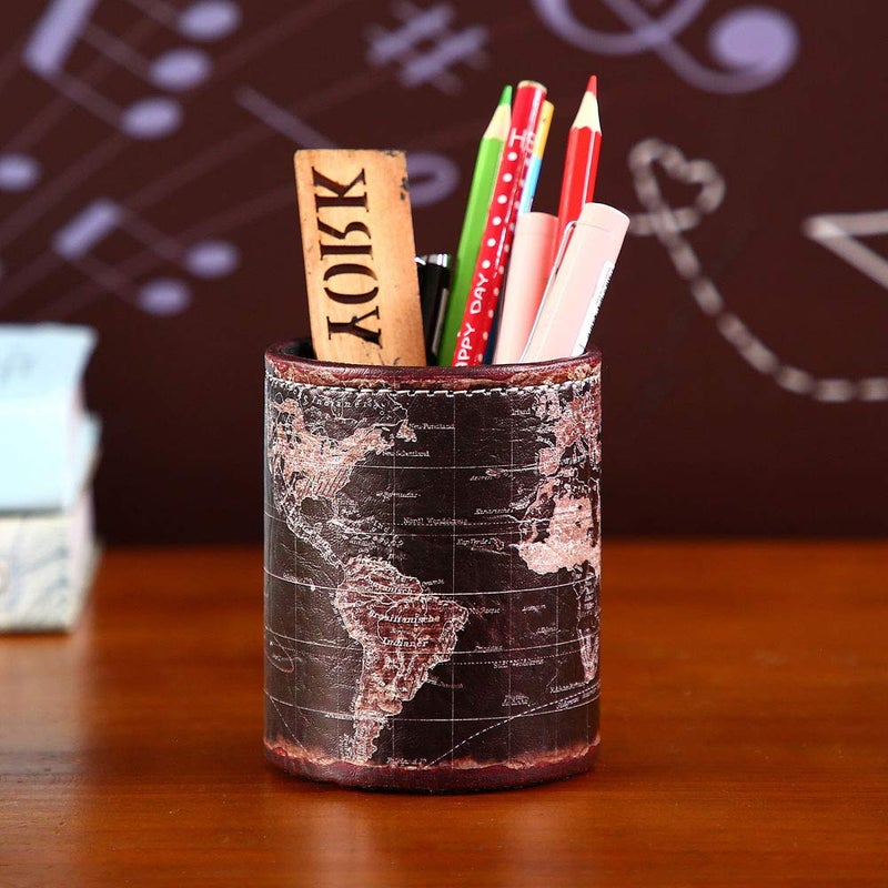 LINKWELL Black World Map Pencil Holder for Desk, PU leather Pencil Cup, Globe Pen Holder for Desk Office Supply Organizer PH46 - Image 2